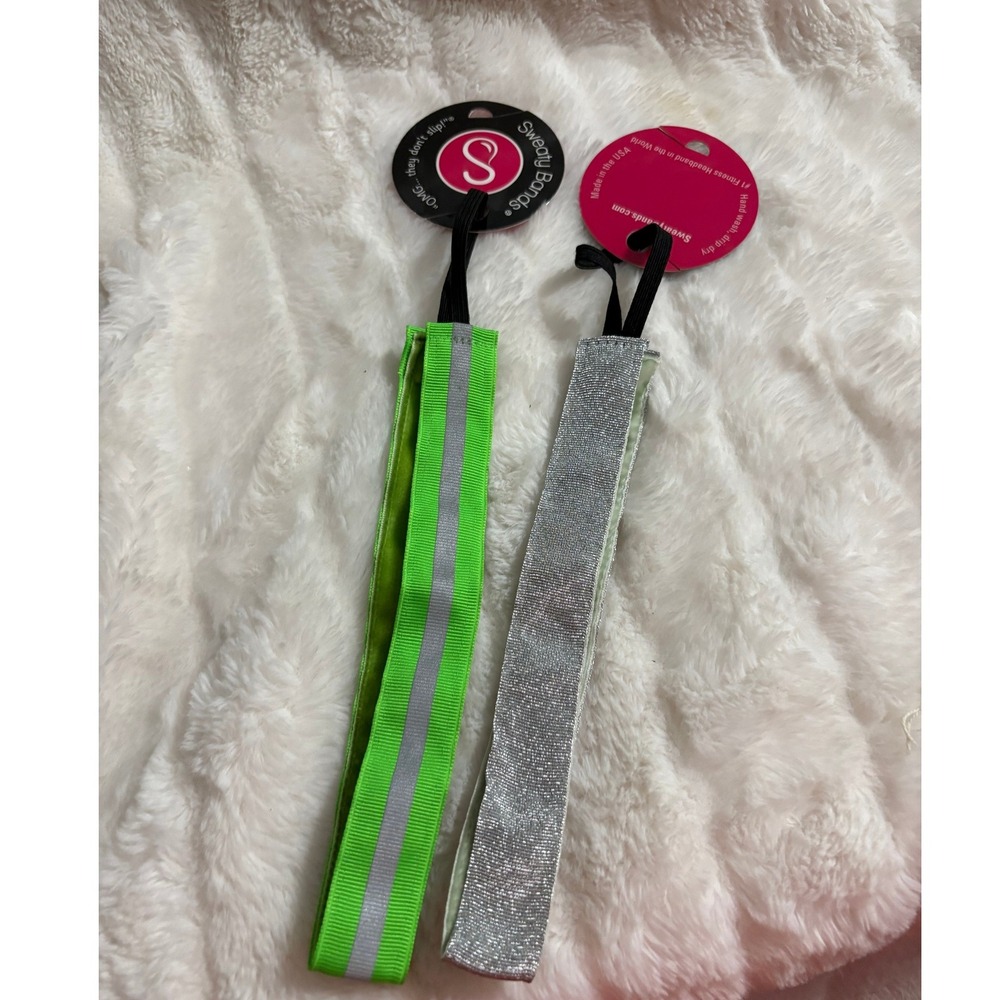 Sweaty Bands Non-Slip Headband Set Reflective Lime Green Silver Glitter 2 Pack